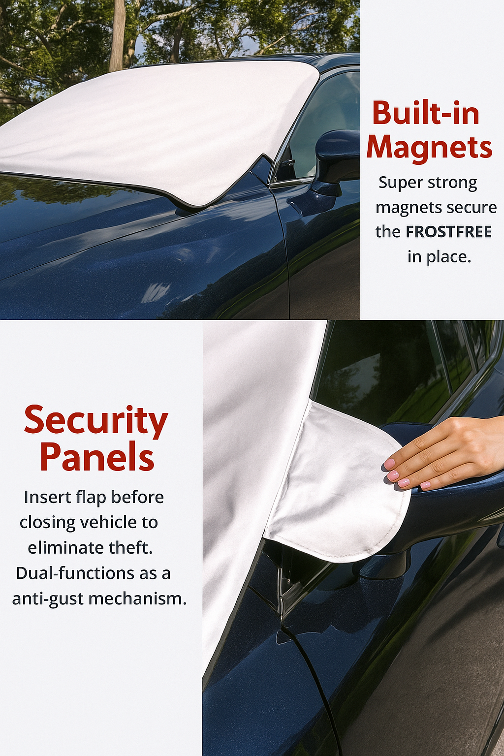 Car with FrostFree security panel and built-in magnets, showing how to use the flap for security.